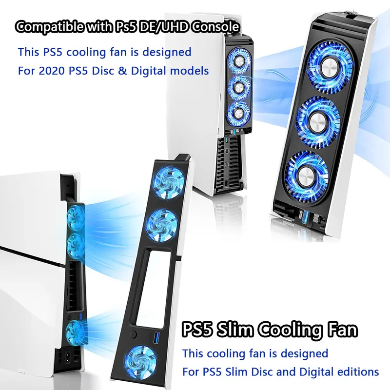Upgraded PS5 Cooling Fan, Game Console Cooler Accessory Compatible With PS5 2020 Original, PS5 Slim, PS5 Pro Disc & Digital Edition, LED Light, Single USB 3.0 Expansion Port, Quiet Noise‑Reduced Cooling System, Heat Dissipation