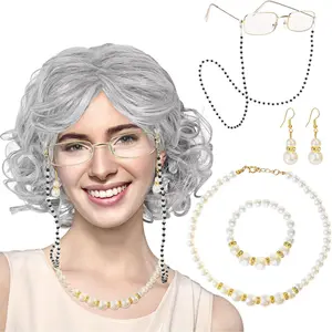 Old Lady Wig for Women, Grandma Costume Accessories with Grey Old Woman Wig Old Lady Glasses Granny Wigs for Girls for 100 Days of School  Halloween