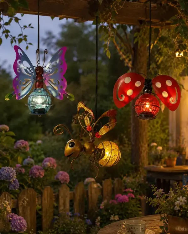 Solar Hanging  Wind Chime Lanterns - Colorful Metal Butterfly, Bee, Ladybug Designs, Waterproof Outdoor ,  Sculpture Sun Catcher Gift for Patio, Porch or Tree garden decor supply statue funny decoration