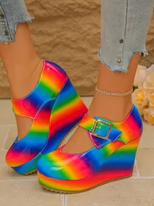 Women's Rainbow PU Leather Mary Jane Sandals, Buckle Thick Sole, Casual Less Than Ankle Height, Solid Pattern, Party Shoes