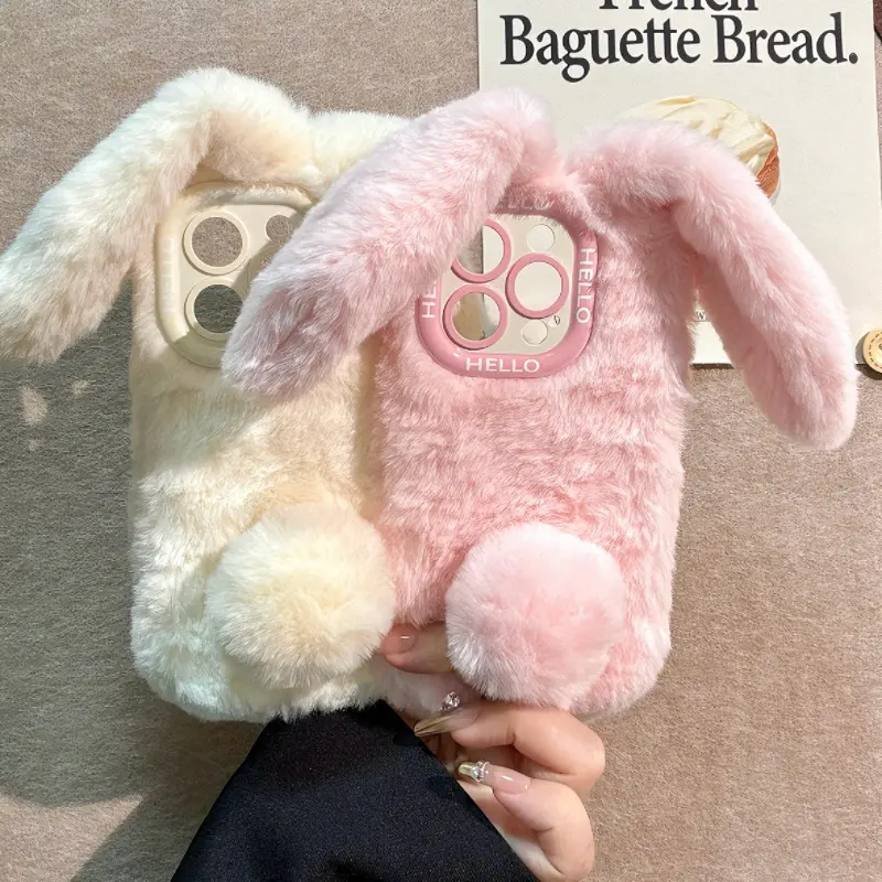 Cute Rabbit Ears Phone Case Compatible with iPhone 17 Pro Max 16 15 14 13 Soft Plush Winter Fall Pink Fluffy Design