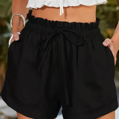 Elegant Summer Women's Lady Breathable Comfort Solid Elastic Short Pants, Front Tie Design, Perfect for Outdoor Casual Vacation Style Womenswear, Breathable Casual Fashion Shorts