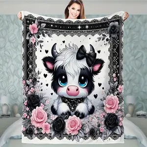 High-definition digital printing Highland cow black and white blanket set, double-sided comfortable soft multi-purpose small quilt, nap blanket, suitable for home, bed, sofa decorative blanket set of 1