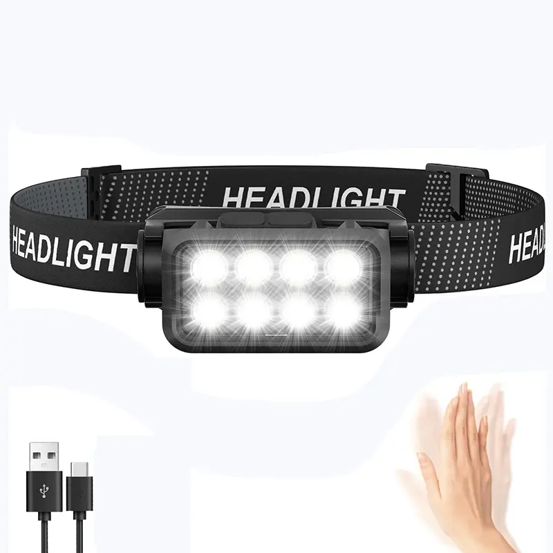 1PC USB Rechargeable Headlamp, 8 LED High Lumen Headlight with Motion Sensor, Waterproof Lightweight Headlight for Outdoor Camping, Running, Fishing, Cycling, High Brightness, Led Waterproof Headlamps