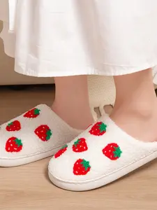 Sweet Strawberry Plush Slippers, Fresh Fruit Design, Soft Fuzzy Wrap Feel, Anti-Slip Durable Thick Sole, All-Season Bedroom Living Room Casual Slipper