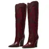 EROCALLI Women's Butterfly Embroidery Womens Cowboy Boots Vintage Chunky Heel Wide Knee High Boots Pointed Toe Pull on Western Shoes summerwins