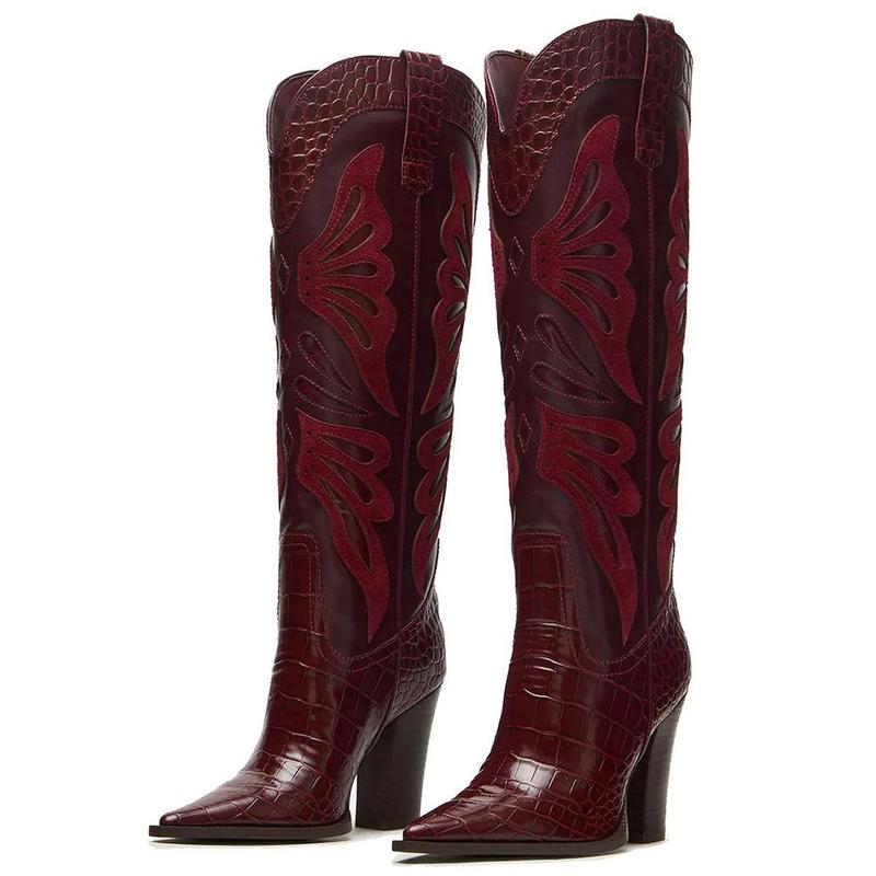 EROCALL Women's Butterfly Embroidery Womens Cowboy Boots Vintage Chunky Heel Wide Knee High Boots Pointed Toe Pull on Western Shoes