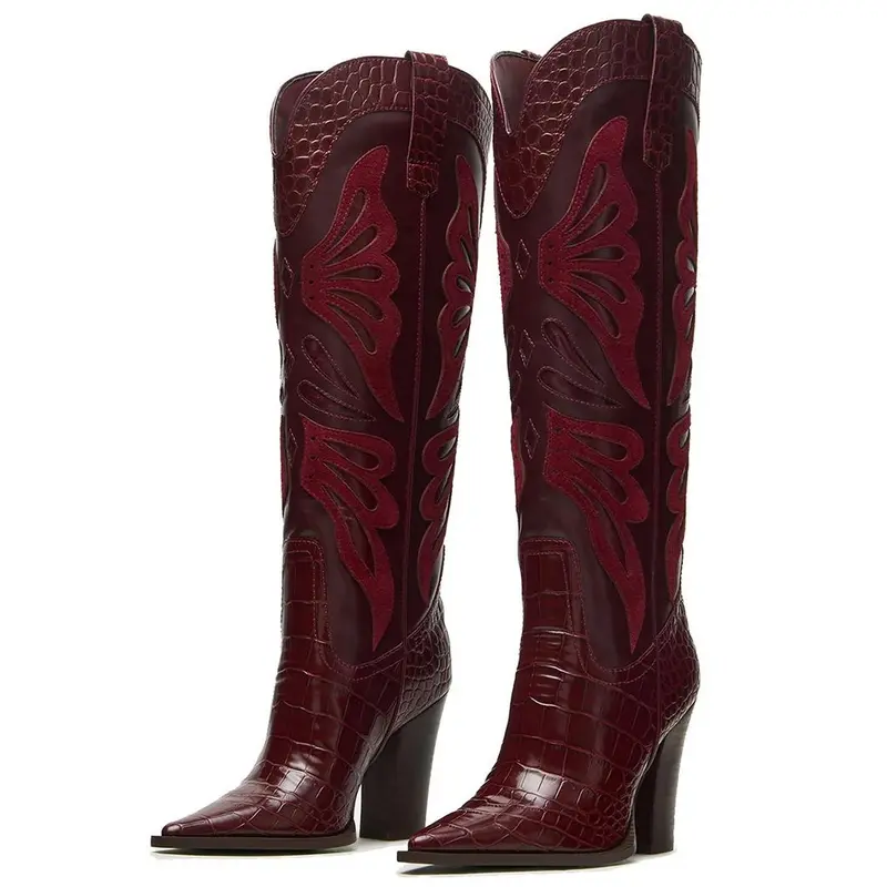 EROCALL Women's Butterfly Embroidery Womens Cowboy Boots Vintage Chunky Heel Wide Knee High Boots Pointed Toe Pull on Western Shoes