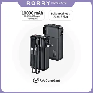 RORRY 10000mAh Portable Charger with Built-in Cables & AC Wall Plug 22.5W Fast Charging for iPhone Samsung Galaxy LG iPad Lightweight Power Bank Smartphone Compact Battery Packs Foldable