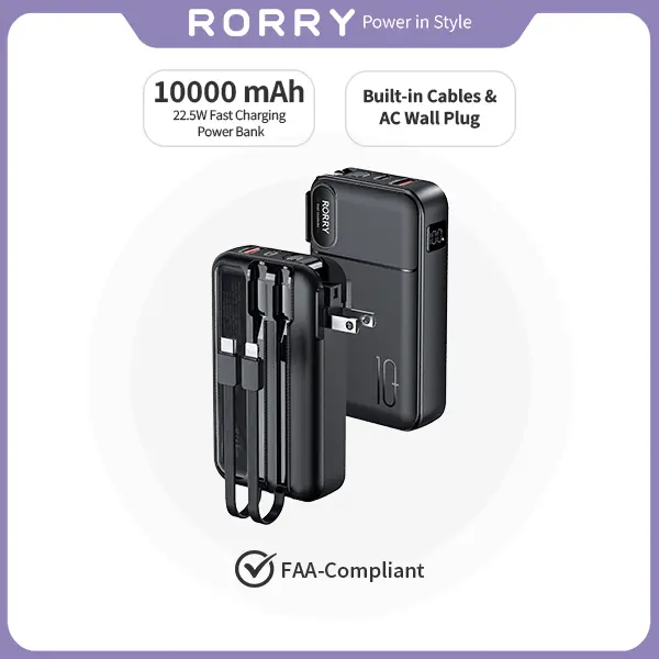 RORRY 10000mAh Portable Charger - 22.5W Fast Charging, Built-in Cables, Foldable AC Wall Plug Socket, Lightweight Compact Phone Accessories Tech Gadget for Device Charging summerwins