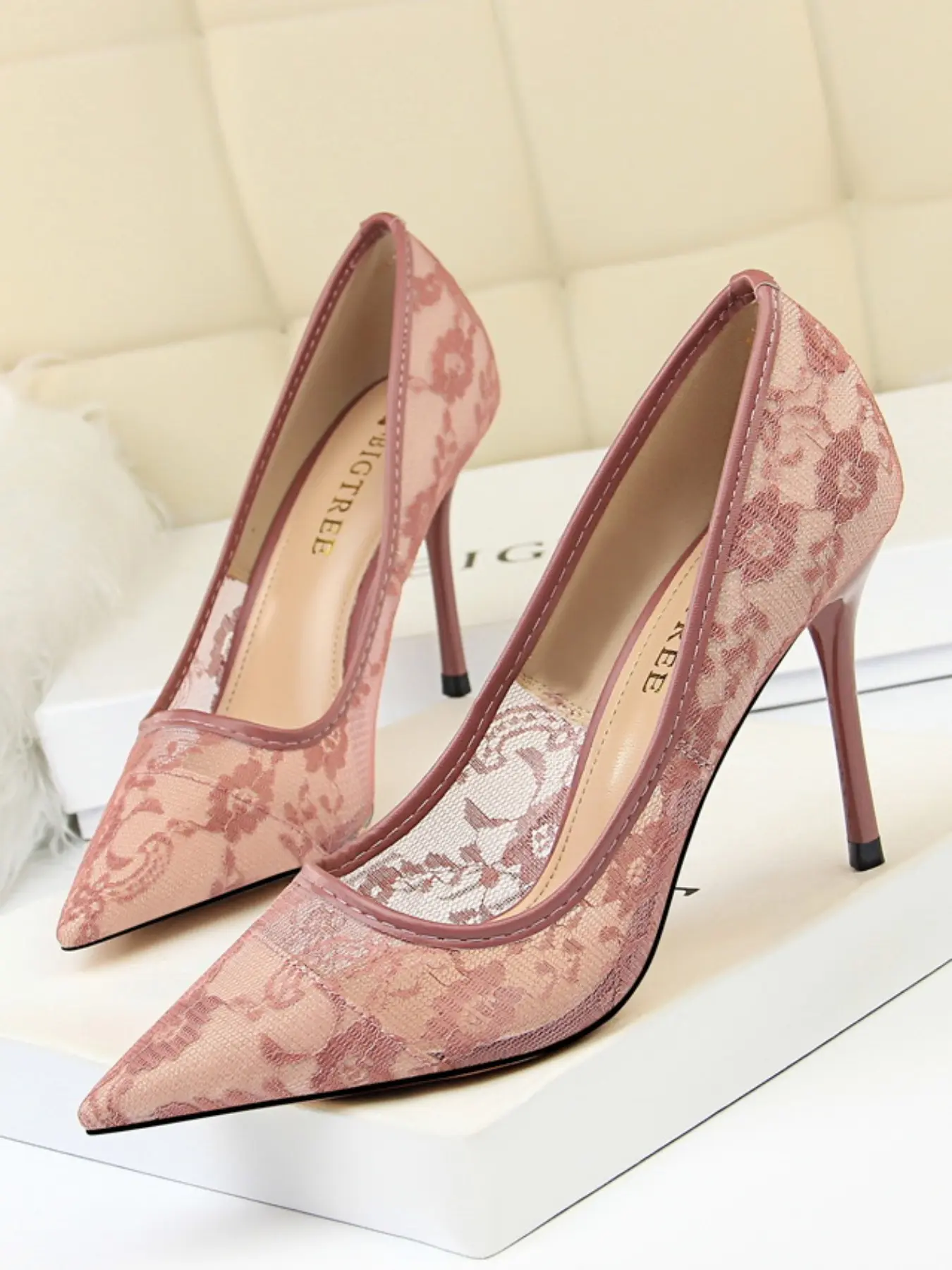 Romantic Lace Elegant Pointed Toe High Heels, Women, French Elegance, Fine Lace Pattern, Slimming Design, Multiple Colors Available, Stylish, Fashion, Classy, Stiletto