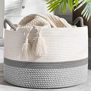 Large Blanket Basket (20"x13"),Woven Baskets for storage Baby Laundry Hamper,Cotton Rope Blanket Basket for Living Room, Laundry, Nursery, Pillows, Baby Toy chest (White/Beige) tiktokshopspringglowup