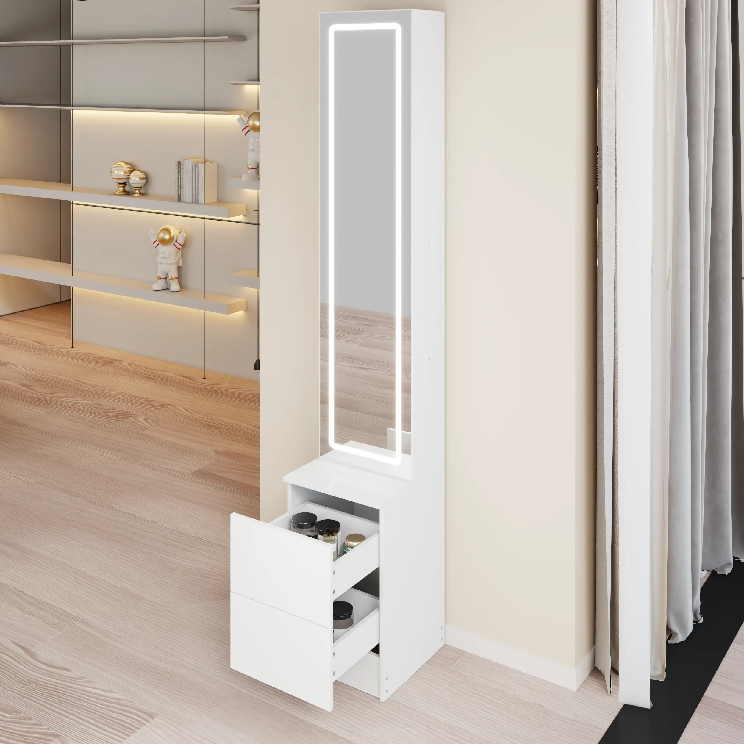 Wood Sturdy LED Dressing Mirror Cabinet (11.8"x15.7"x63") - Built-in Lighting, 120 Lumens, Adjustable Brightness, Extra-Large Mirror, Cosmetic & Jewelry Storage Organizer, Multi-Layer High-Capacity Storage