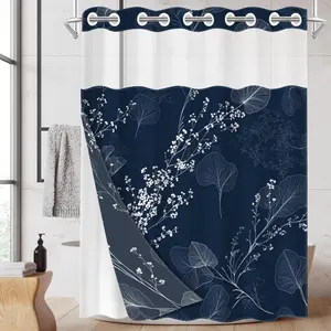 1pc hookless shower curtain with buckle lining, blue background with white floral and leaf design, 2D flat print, waterproof fabric lining, see-through double-layer, 71 x 74 inches, modern home curtain, Shower Curtain Liner