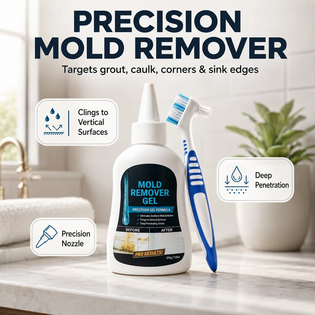 Mold Remover Gel for Grout & Caulk, Deep Cleaning Gel for Bathroom, Shower, Tile, Sink & Kitchen, Precision Nozzle with Cleaning Brush
