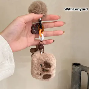 Plush Cute Capybara Earphone Case, Suitable for Apple AirPods 1/2/AirPods Pro/AirPods Pro 2/AirPods Pro 3/AirPods 3/AirPods 4 with Lanyard Bracelet Protective Soft Case