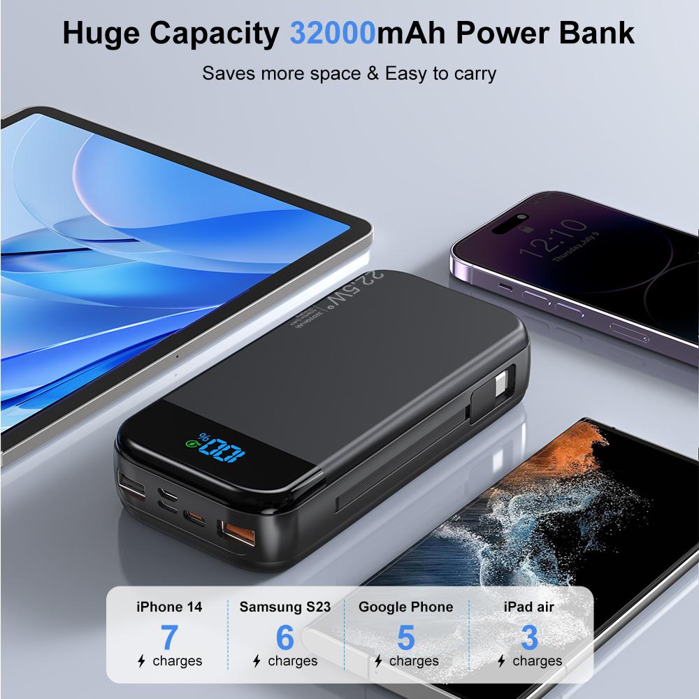 32000mAh Portable Charger with Built-in USB-C & Lightning Cables, 20W Fast Charging Power Bank, LED Display, Portable Battery Pack for iPhone 16/15/14, Samsung Galaxy, iPad & USB-C Devices