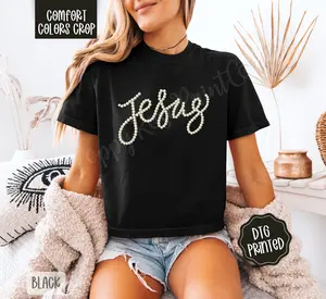 Faux Pearl Jesus Floral Cropped Comfort Colors Tee, Trendy Tshirt for Women