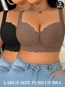 2/3PCS Plus size Women's Floral Lace bra, comfortable, slimming and anti-sagging Padded Underwire Smoothing Wide Strap Full Coverage Minimizer Bra Everyday