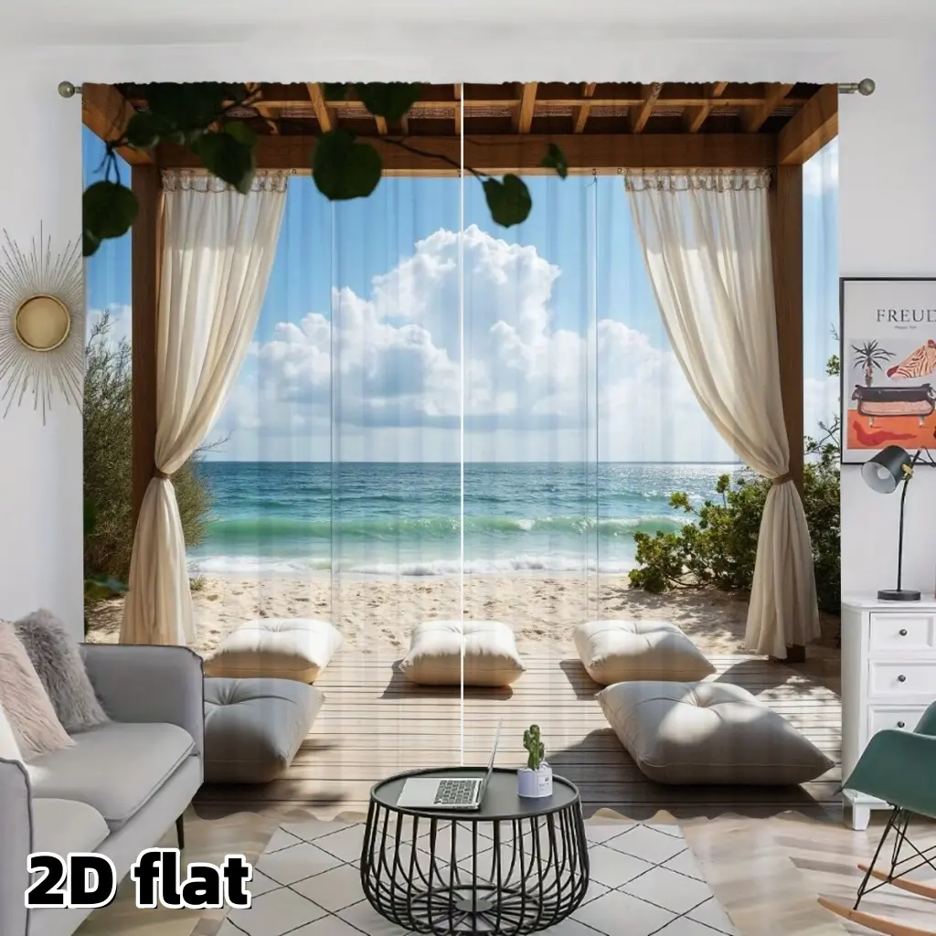 2D Flat 2Pcs Ocean View Curtains, Home Decorative Curtain, Beach Tropical Scene, Rod Pocket Style, Semi Sheer Polyester Fiber, Coastal Decor, Light Filtering Window Panels for Living Room Bedroom Sliding Door, Privacy Protection, Easy to Clean