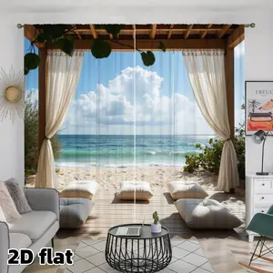 2D Flat 2Pcs Ocean View Curtains, Beach Tropical Paradise Scene, Rod Pocket Style, Semi Sheer Polyester Fiber, Coastal Decor, Light Filtering Window Panels for Living Room Bedroom Balcony Kitchen Patio Sliding Door, Privacy Protection, Easy to Clean