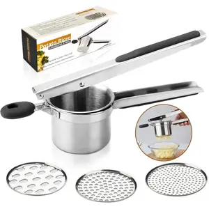 Potato Ricer 3 Interchangeable Discs Stainless Steel Potato Shredder for Smooth and Fluffy Mashed Potatoes, Puree, Fruit Juice, Baby Food (Silver)