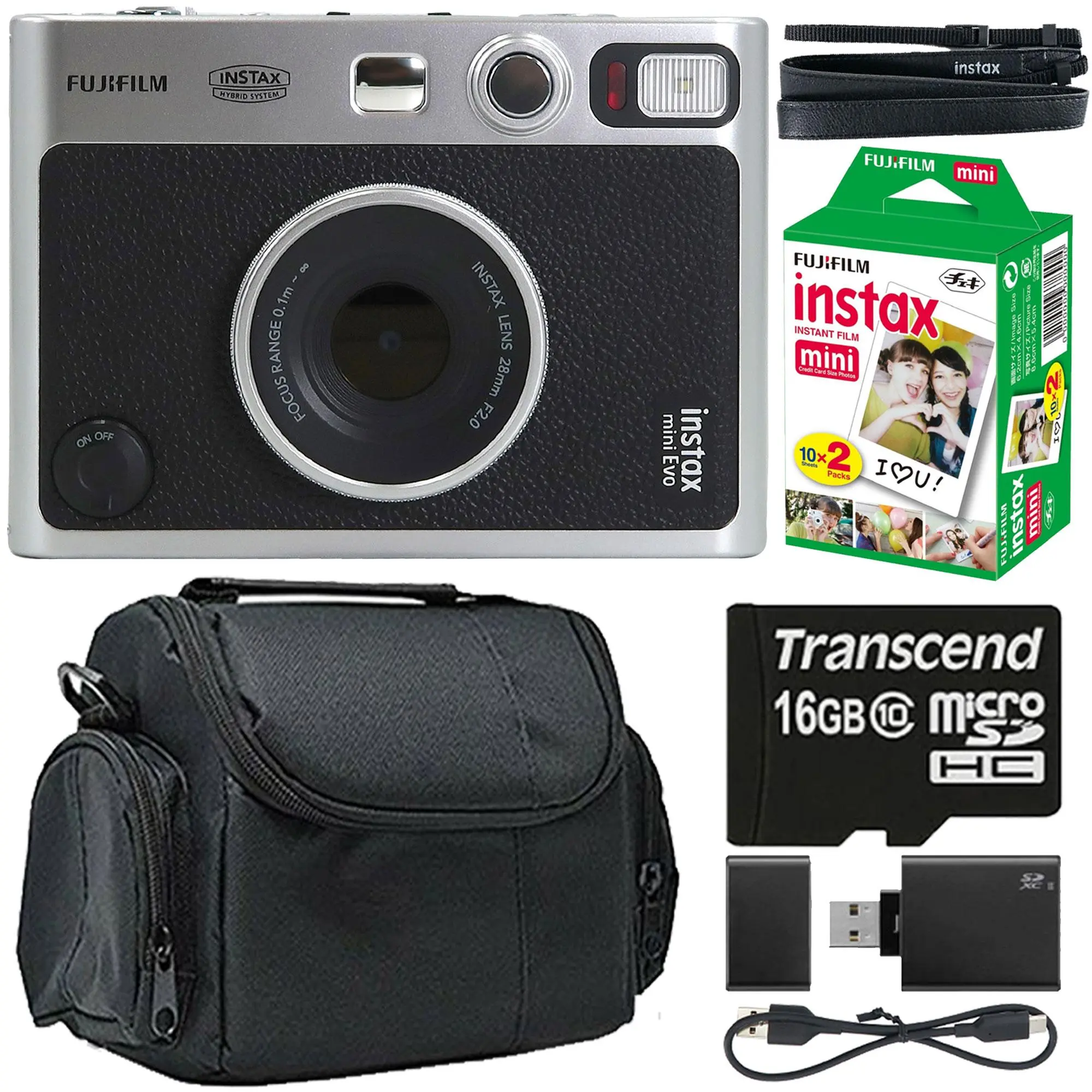 FUJIFILM INSTAX MINI EVO Digital Rechargeable Hybrid Instant Camera (Black) + 2x10 Fujifilm Mini Film Pack + 16GB Transcend MicroSD Memory Card with Adapter + BePro BC-1 Small Case + Memory Card Reader + Lens Accessory Compatibility