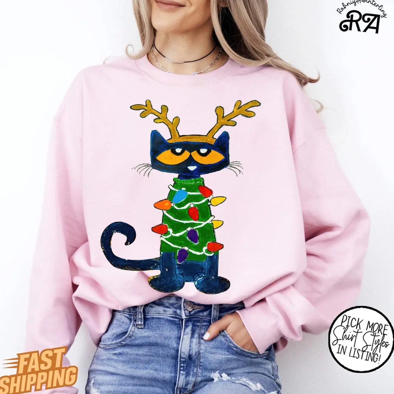 Pete the Cat Christmas Shirt, Funny Holiday Teacher Tee, Kids Xmas Cat Lights Sweater Top, Pete the Cat Reindeer T Shirt 9
