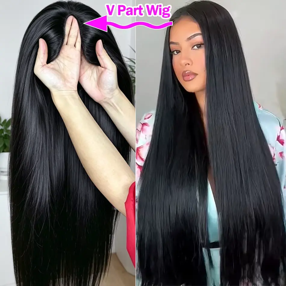 [V Part Wig] Bling Hair 12-32 Inch Straight V Part Drawstring Glueless Wig 180 Density Brazilian Hair Glueless Ready To Wear Upgrade Human Hair Wig For Black Women