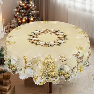 1pc, Christmas Themed Party Print Tablecloth - Round Table Cloth with Cute Snowman and Elk, Golden Christmas Tree, Xmas Decor, Holiday Party Indoor Dining Decor, Rectangle Table Cover, Christmas Party, Festive Home Kitchen Accessory Gifts