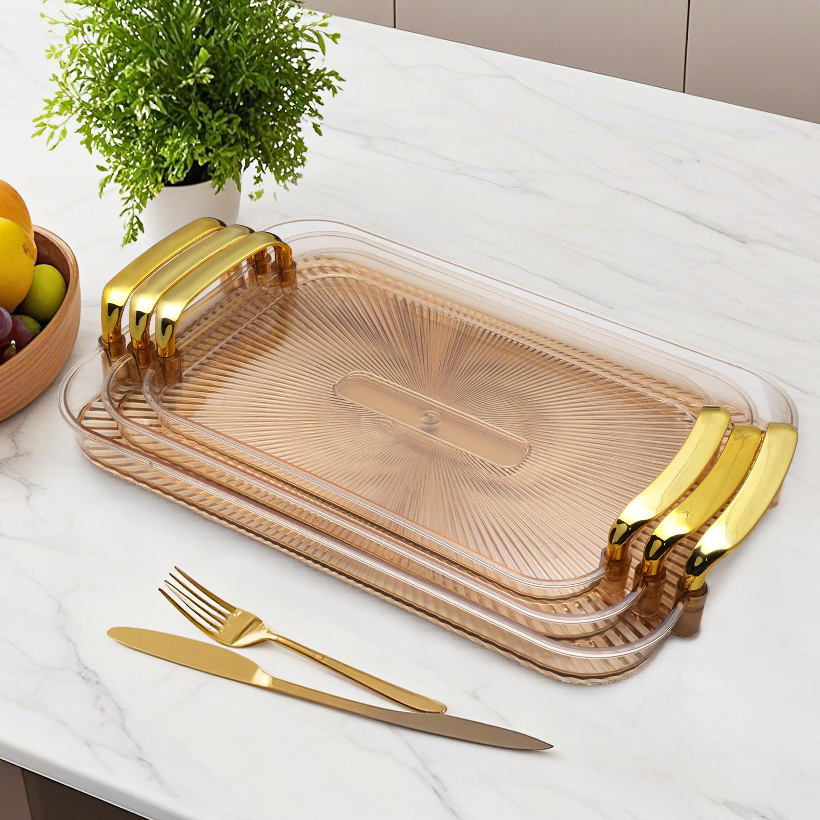 3 Pack Serving Tray with Handles, Stackable Reusable Trays for Serving Food, Plastic Serving Platters for Party, Charcuterie, Fruit, Appetizer, Cream Gold