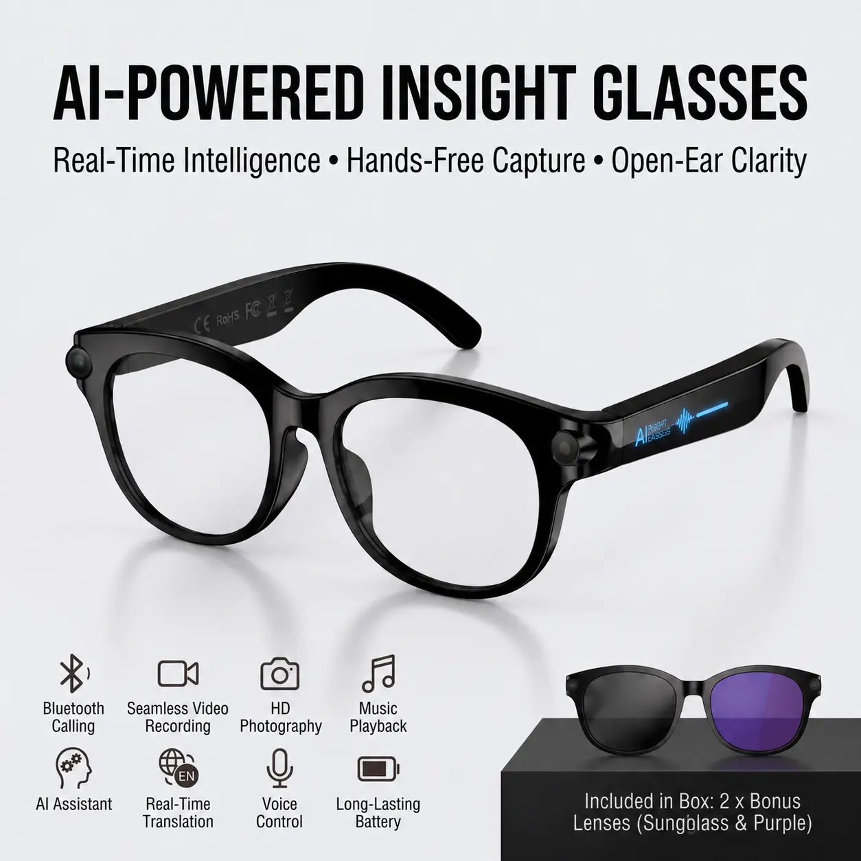 Smart AI Glasses with 8MP HD POV Camera - Button Touch Adjustment, Hands-Free Photography, Real-Time Multi-Language Translation, Bluetooth Wireless Video Recording, Portable Wearable - Ideal for Vlog, Travel, Father's Day Gift, Smart Glasses