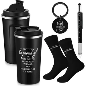 Four-Piece Men's Appreciation Gift Set (Suitable for Male Teachers/Bosses/Nurses/Employees/Colleagues/Volunteers) Includes: 17oz Stainless Steel Mug, Motivational Keychain, Metal Pen, Socks (Black)