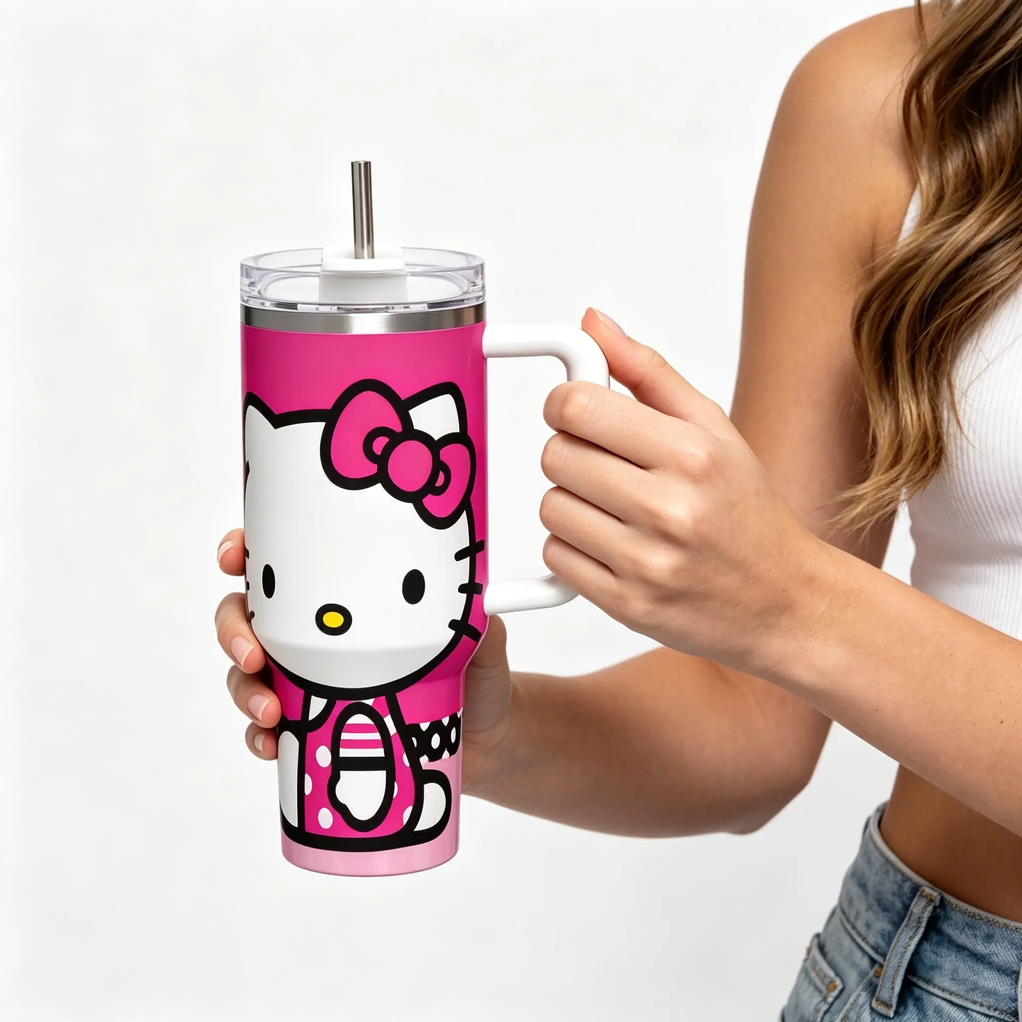 Sanrio Hello Kitty 40oz Magenta Insulated Cold Drink Car Mug Portable Reusable Travel Tumbler Kawaii Drinking Cup for Girls & Women