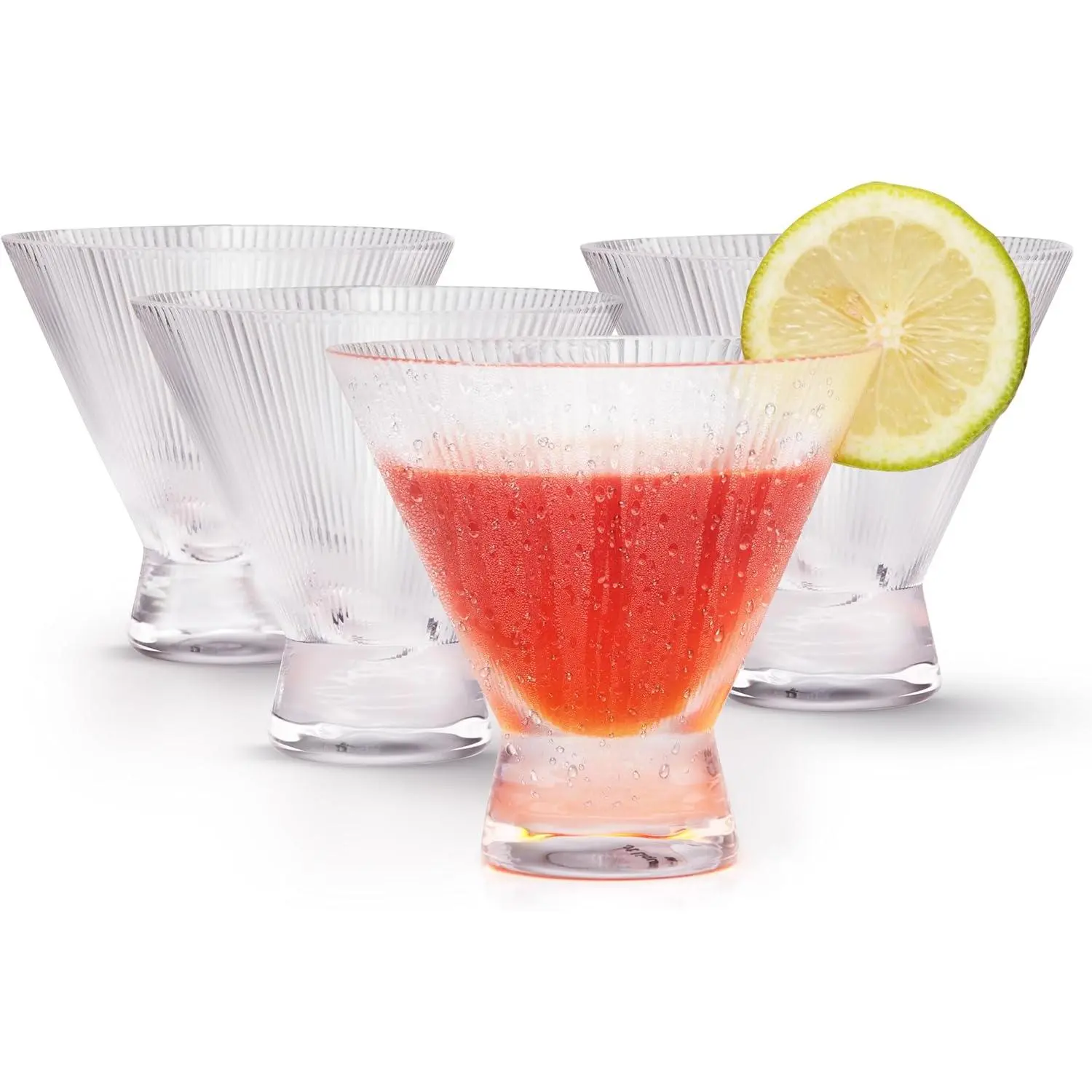 KooK Stemless Ribbed Martini Glasses, Footed Drinking Cups, Great for Cocktails, Margaritas, Liquor, Desserts and More, Dishwasher Safe, Clear, 9 oz, Set of 4