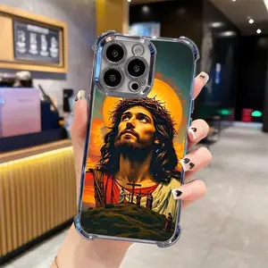 Jesus Clear Protective Four Comers Air Cushion Anti-drop CellPhone Case Clear Phone Case For iPhone 16 Pro Max 15 14 13 12 11 Plus Four Corners Cases 197-07