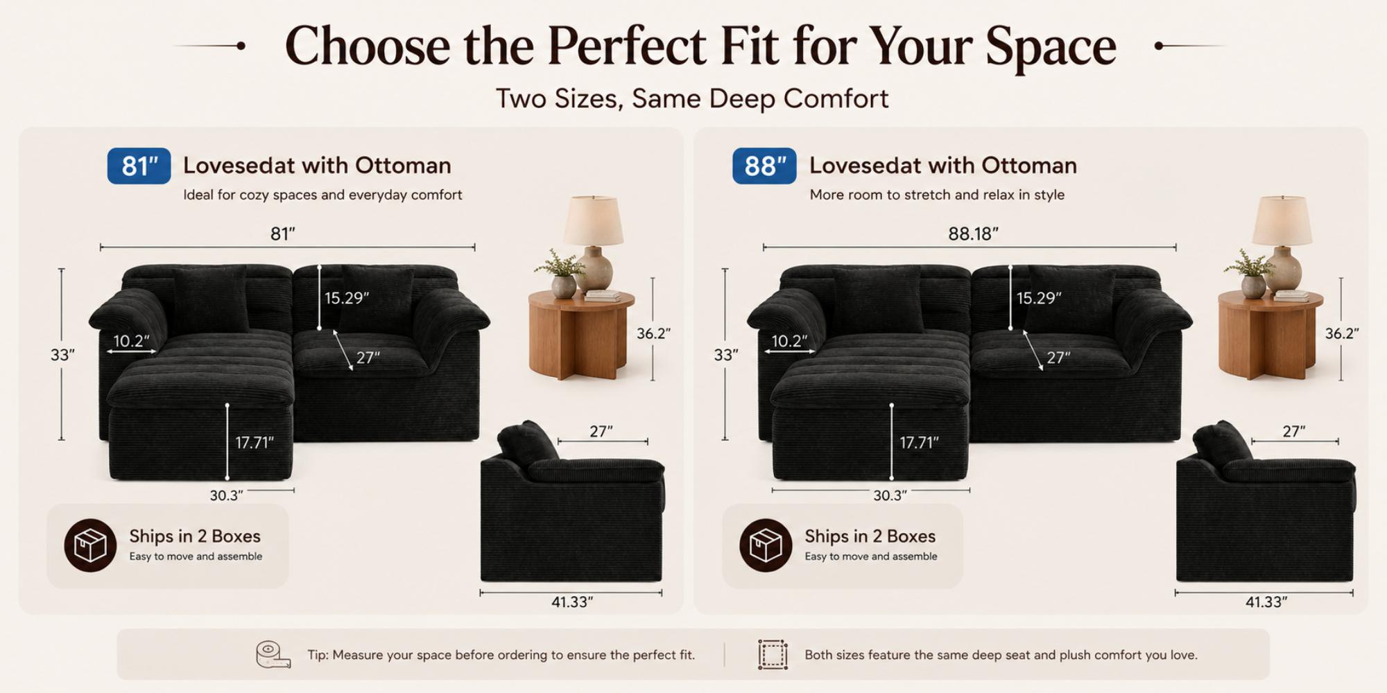 SUNG7 81-88in Boneless Loveseat Sofa with Ottoman - Corduroy Comfy Couch, 27in Extra Deep Seat, Lumbar Support, No Assembly Needed, Convertible Modular Couches Option, Ideal for Living Room Watch Parties
