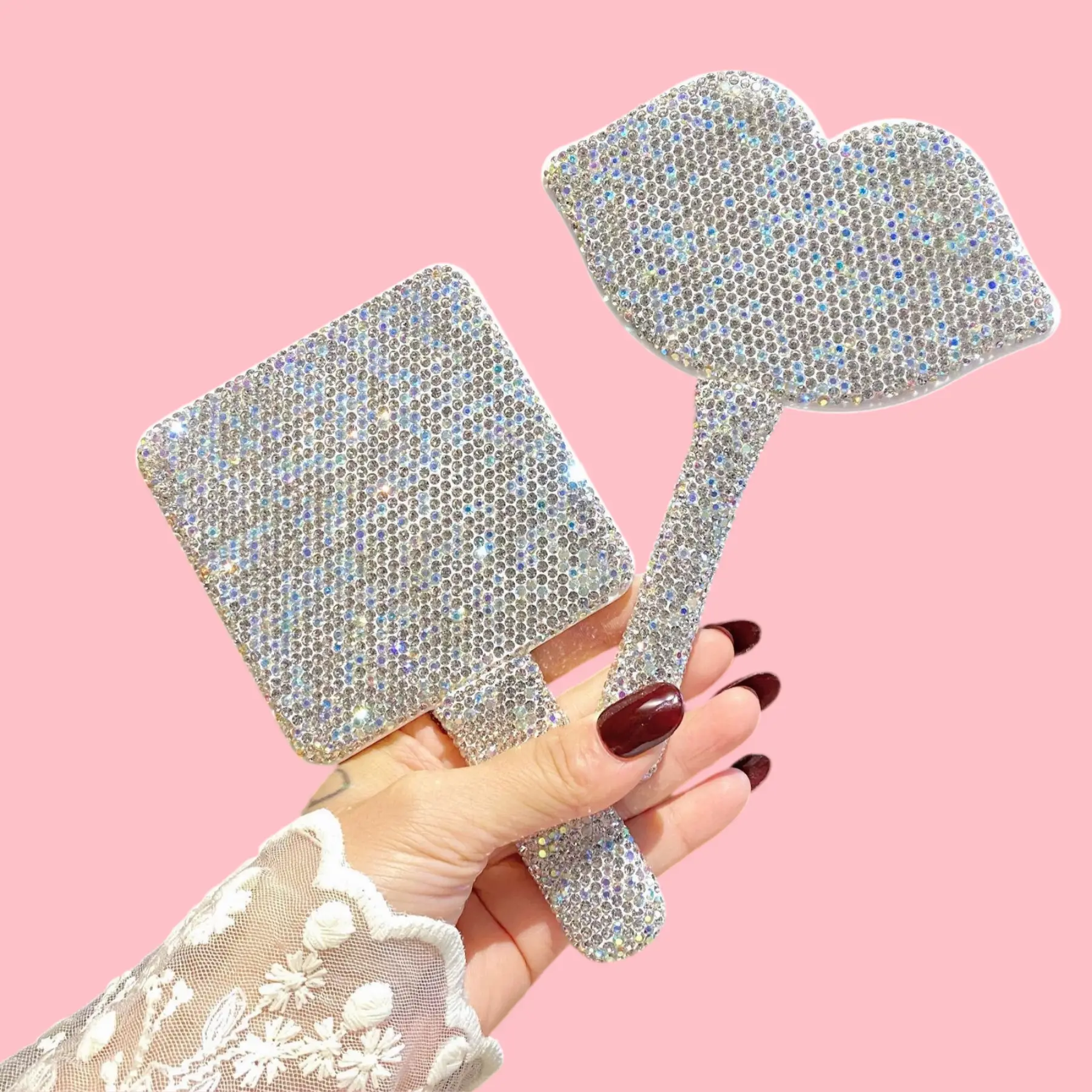 High definition handheld mirror luxury diamond portable makeup mirror student Internet celebrity high value ins portable handle makeup mirror