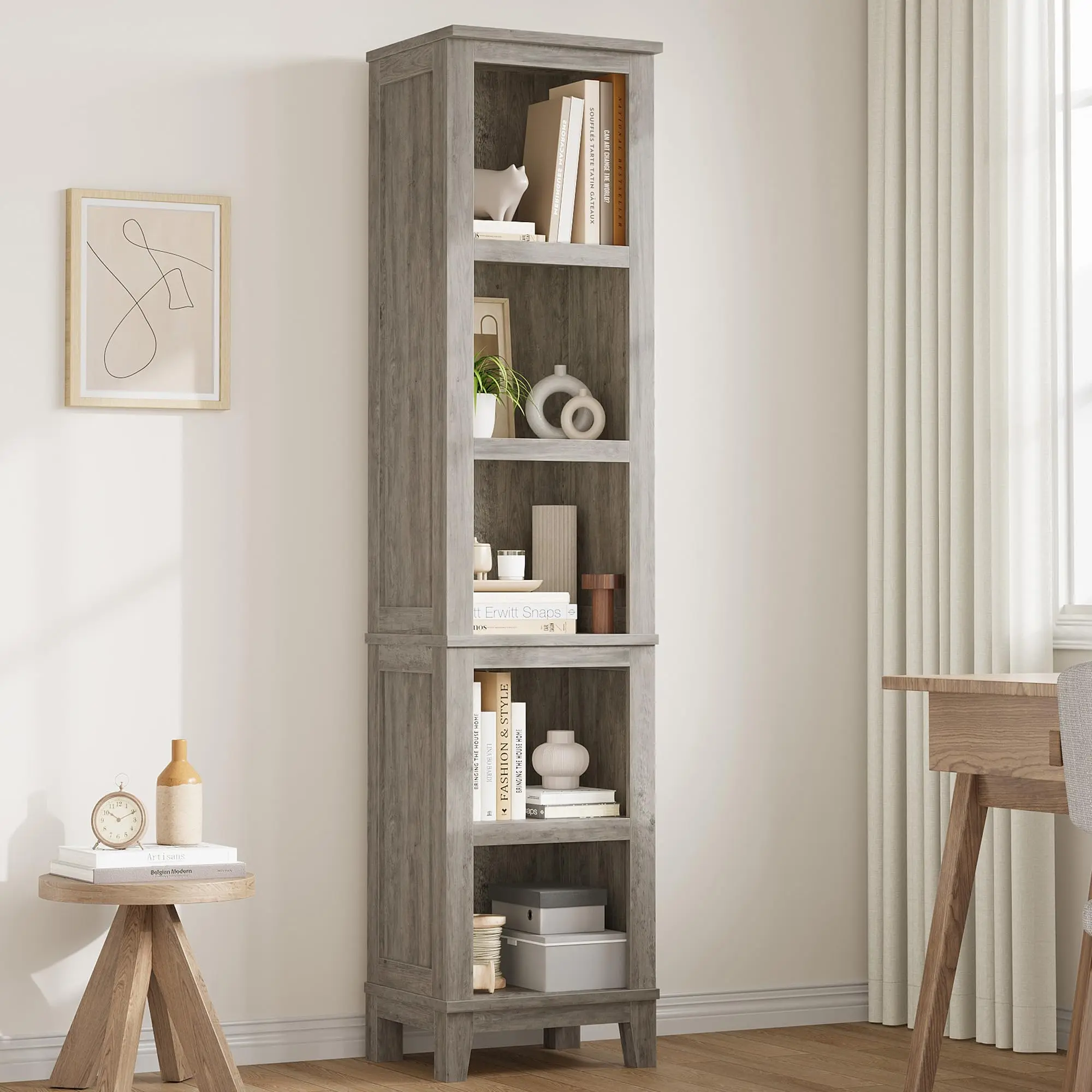Narrow Bookcase 5 Tier Farmhouse Bookshelf Wooden Bookshelves Rustic Vintage Etagere Oak for Home Office, Living Room, Bed Room, Grey, Set of 2