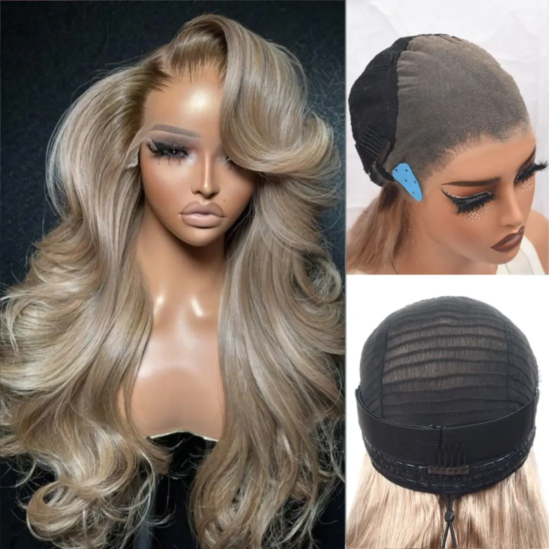 Pre Cut Drawstring Wig 180 Density Ombre Ash Blonde Glueless Human Hair Wig Body Wave With Dark Root Colored Lace Front Wigs Human Hair For Women 13x6 Transparent Lace Front Wig Raw Remy Hair Wigs
