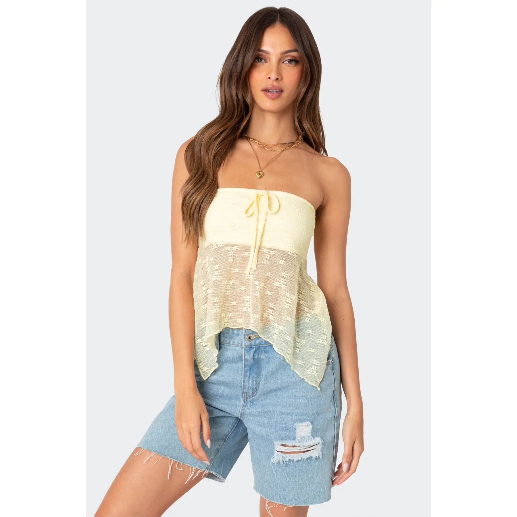 Embroidered Sheer Strapless Top