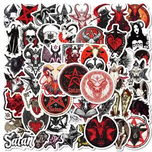 Satanic Goat & Pentagram Pattern Sticker, 50pcs/set Vintage Sticker, Waterproof Decorative Sticker for Phone Case, Laptop, Notebook, Skateboard, Halloween