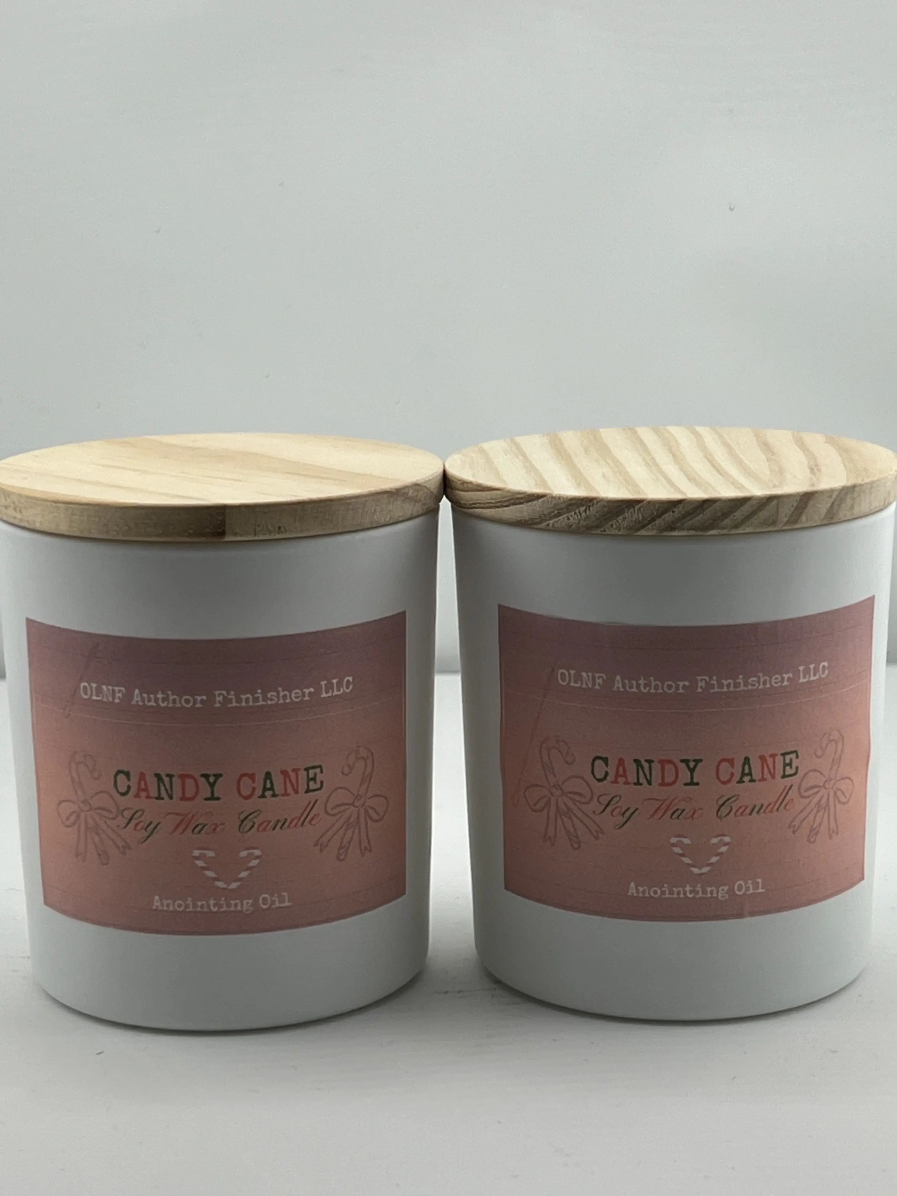 OLNF Author Finisher LLC Holiday Candy Cane 8 oz Anointed Oil Candle with Wooden Lid Elegant Design for Aromatic Ambiance Ideal for Holiday Settings