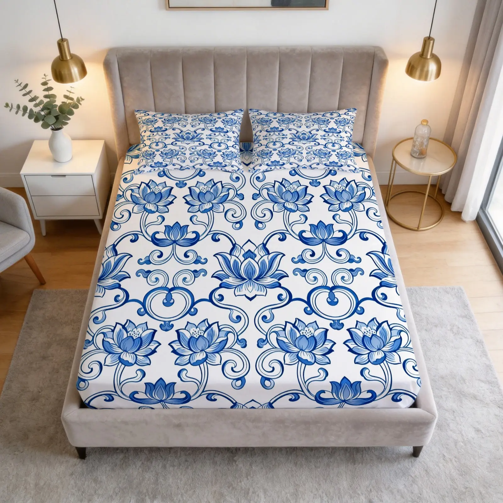 3 Pcs Blue and White Porcelain Lotus Fitted Sheet Set, HD Digital Print Chinoiserie Floral Bed Sheet, 360° Elastic Deep Pocket Bedding Set, Soft Breathable Machine Washable Bedroom Decor (No Insert)