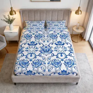 3 Pcs Blue and White Porcelain Lotus Fitted Sheet Set, HD Digital Print Chinoiserie Floral Bed Sheet, 360° Elastic Deep Pocket Bedding Set, Soft Breathable Machine Washable Bedroom Decor (No Insert)