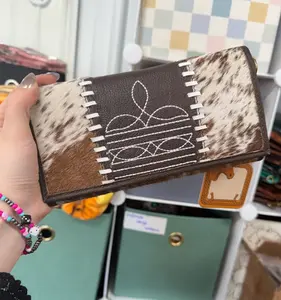 Genuine leather & cowhide boot stitch wallet with wristlet and crossbody strap- Brown