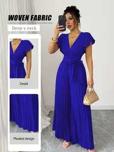 New Women's Ruffled Sleeves V Neck Pleated Wide Leg Jumpsuit, Womenswear, Waist Cinched Fitted Design, Casual Daily Wear, Commuting Party, Young Elegant Chic Style