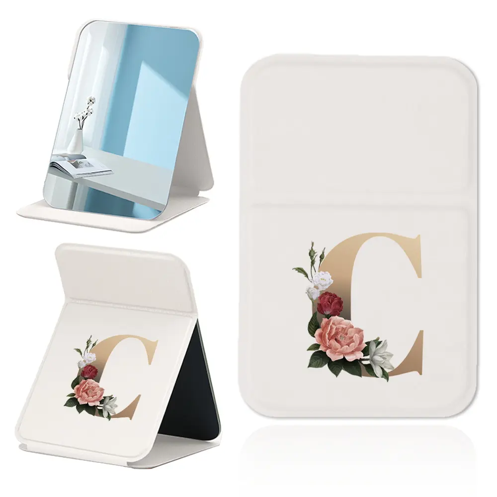 Minimalist Durable Desktop Makeup Vanity Mirror, Vintage Print Foldable Handheld Design, Adjustable HD Light Illuminated Mirror for Students & Office Use