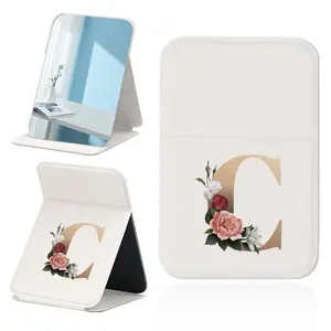 Minimalist Durable Desktop Makeup Mirror, Vintage Print Foldable Handheld Design, Adjustable HD Light for Students & Office Use