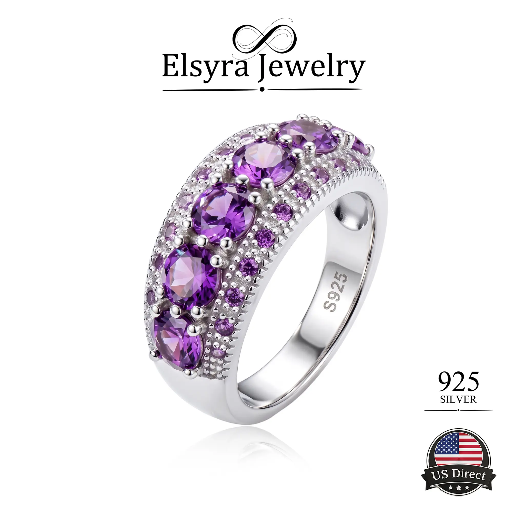 925 Sterling Silver Art Deco Multi-Cut Cluster Ring - Round Purple CZ, Created Pink Topaz & Amethyst, Women's Bridal Wedding Band, Engagement Promise/Fashion Ring Gift, Wedding Ring Band, Bridal Rings
